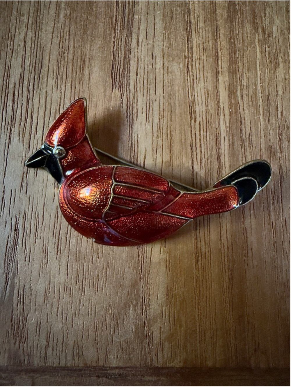 Vintage Cloisonné Red Cardinal Bird Brooch
